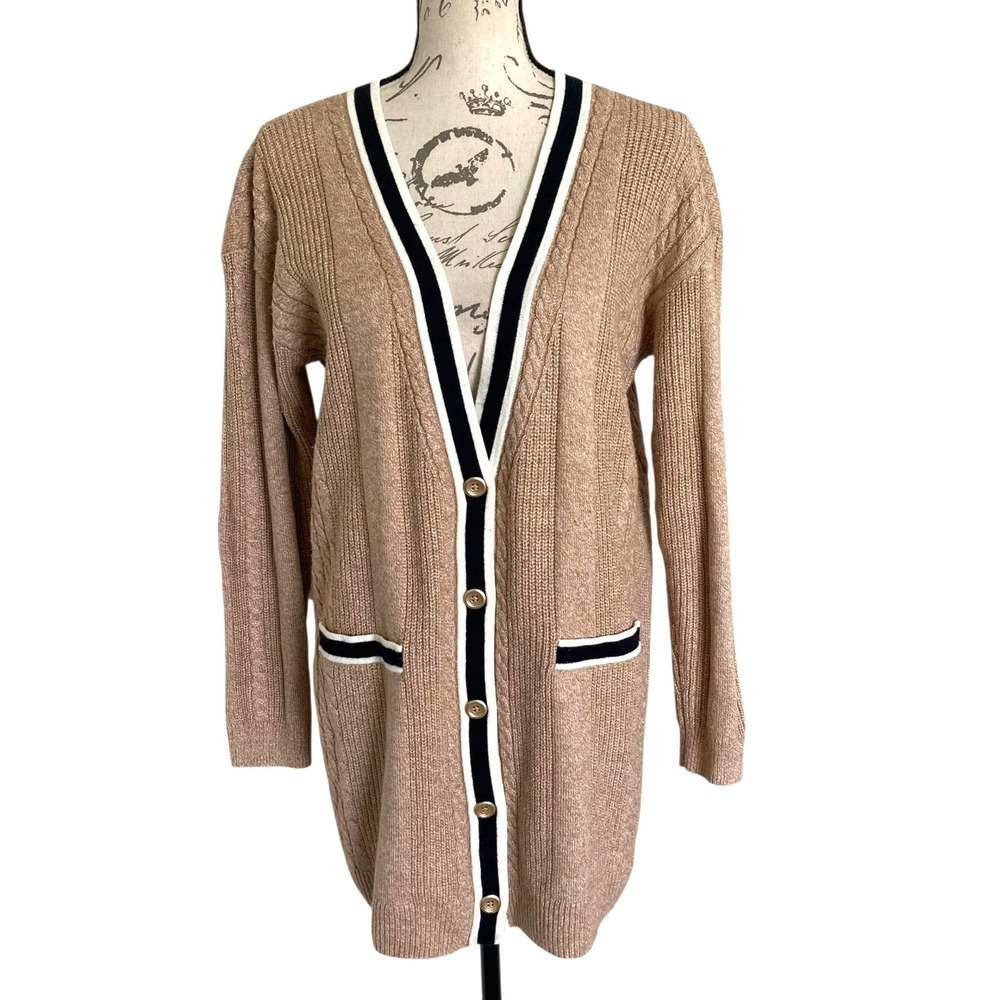 Talbots Cable Knit long Cardigan Sweater Size M Button down Cotton Preppy Tipped - Picture 4 of 17